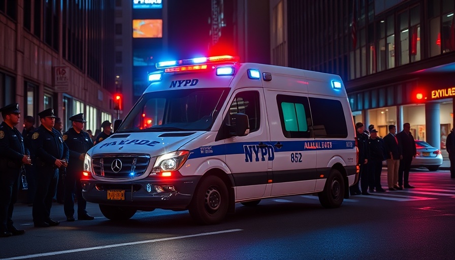 NYPD ambulance and officers at night, highlighting CTE mental health awareness.