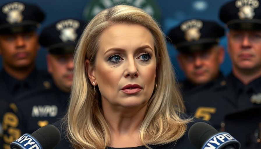 Blonde woman at NYC press conference with NYPD officials.