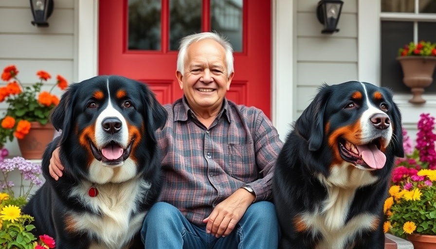 Older man with dogs enjoys porch, related to idiopathic pulmonary fibrosis.