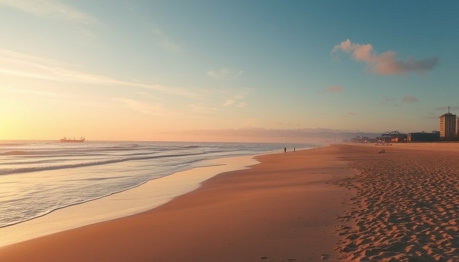 Tranquil sunset at California beach with cargo ships, Tsunami Alerts in California.