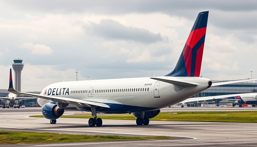 Delta flight on tarmac with control tower in background