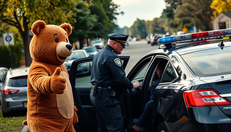Smokey Bear assists police in comical outdoor arrest scene.