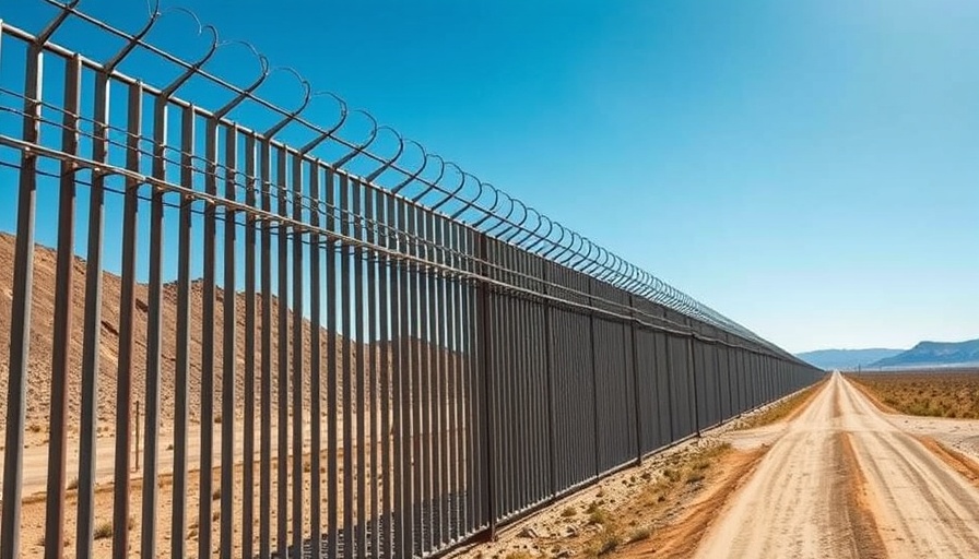 Deterrence in Border Security: Metal fence with barbed wire in desert landscape.