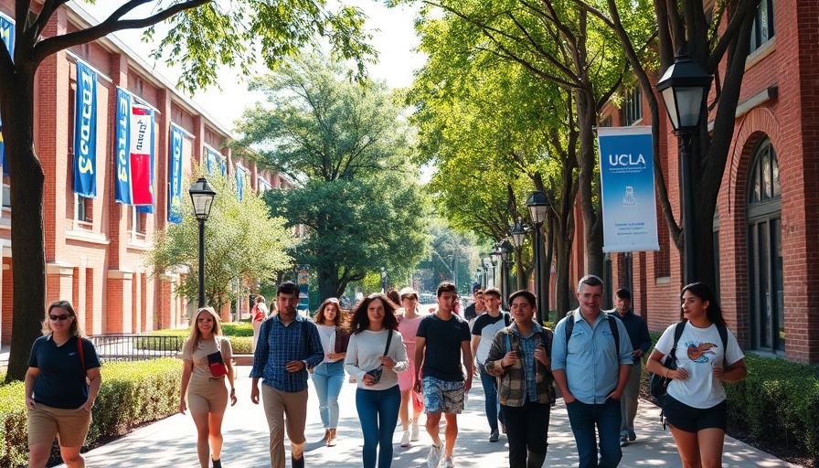 UCLA students walking on campus under banners with brick architecture.