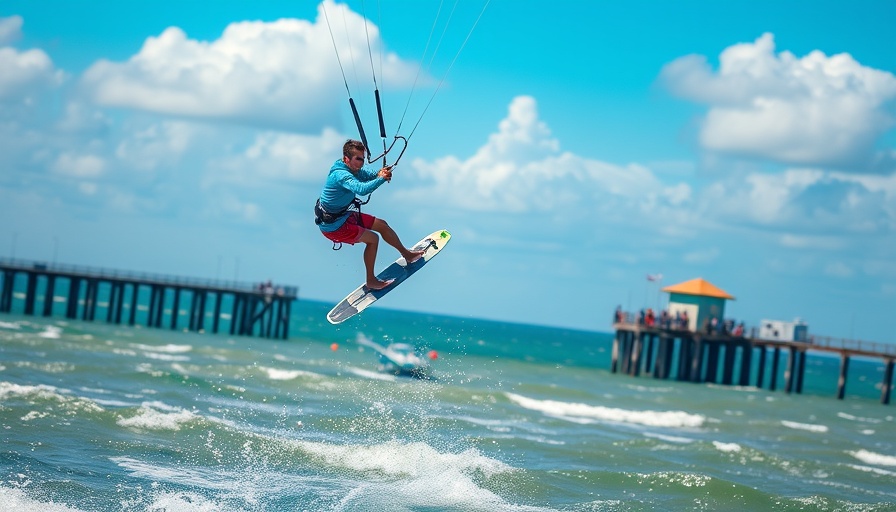Kite surfer jumping above ocean near Seal Beach pier under blue sky.