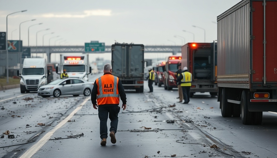 Emergency workers addressing traffic chaos due to road spill.