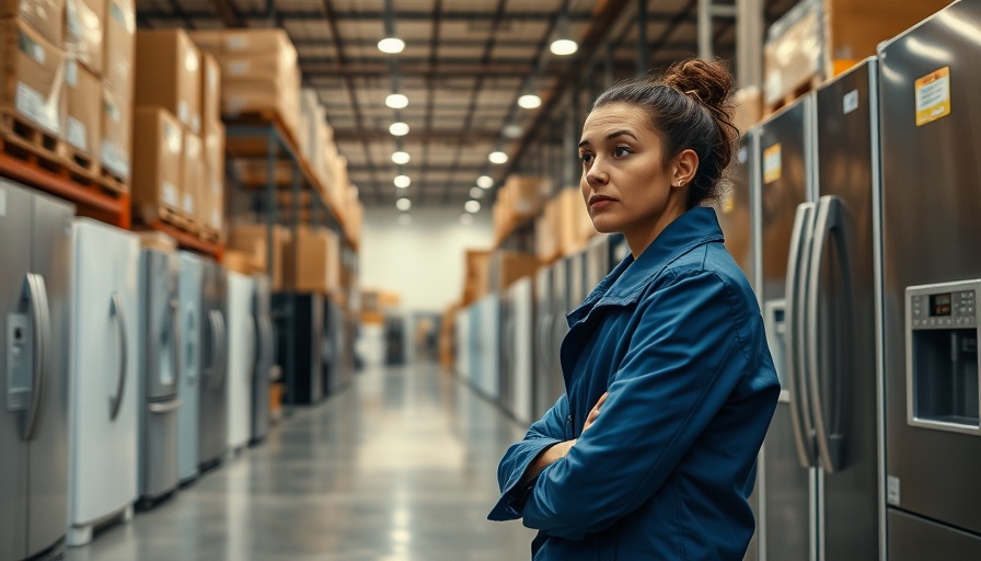 Woman examines appliance in store, considering impact of tariffs on consumer prices.