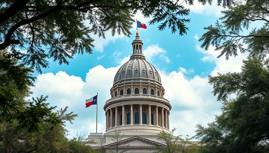 Texas Capitol dome with flags; symbol of redistricting conflict.