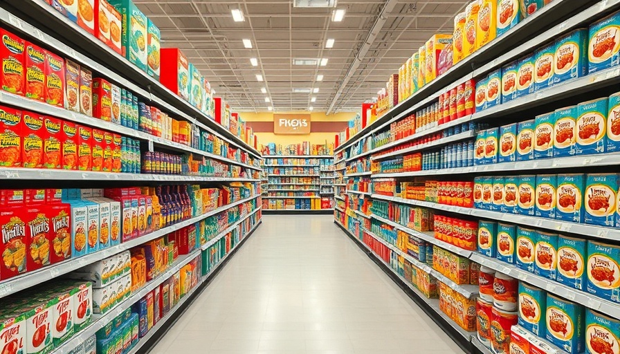 Expansive grocery store aisle illustrating higher costs from tariffs.