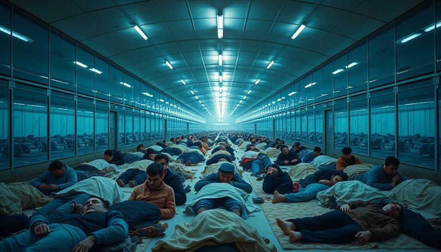 Surge of migrants in Massachusetts resting in a large indoor shelter space.