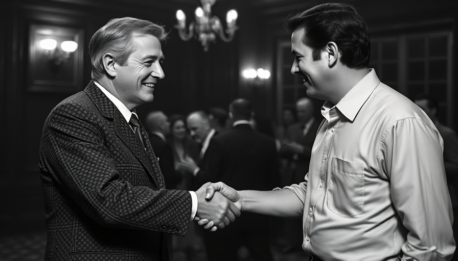 Historic black and white photo of two men shaking hands; Colonel Tom Parker biography context.