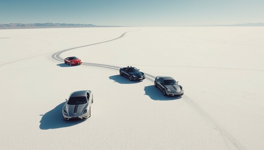 Aerial view of vehicles on Bonneville Salt Flats