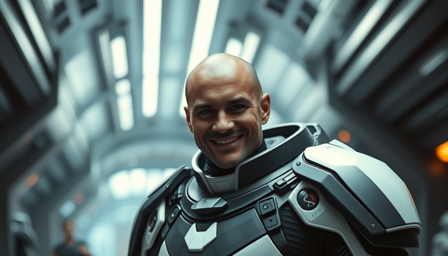 Distinguished character finding inner superhero in sleek armor, sci-fi setting.