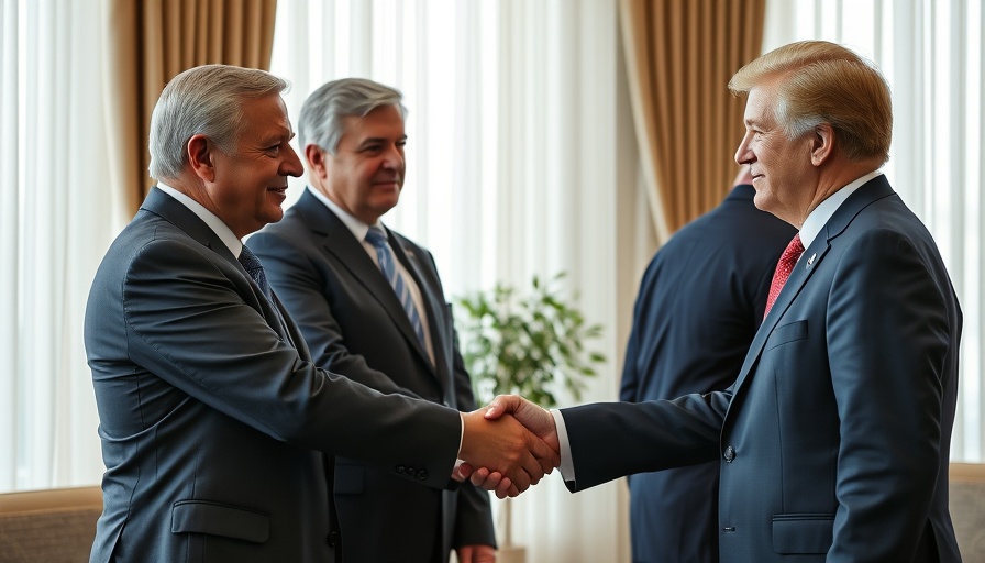 Meeting details: Two political figures in formal handshake indoors.