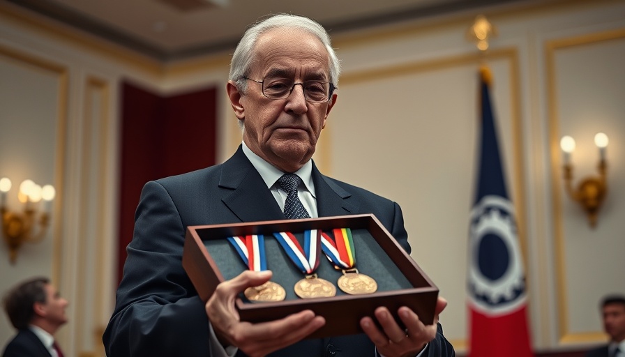 Elderly man examines medals at Los Angeles Olympics 2028 ceremony.