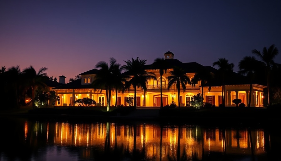 Luxury estate at twilight reflecting on water, radiating warmth.