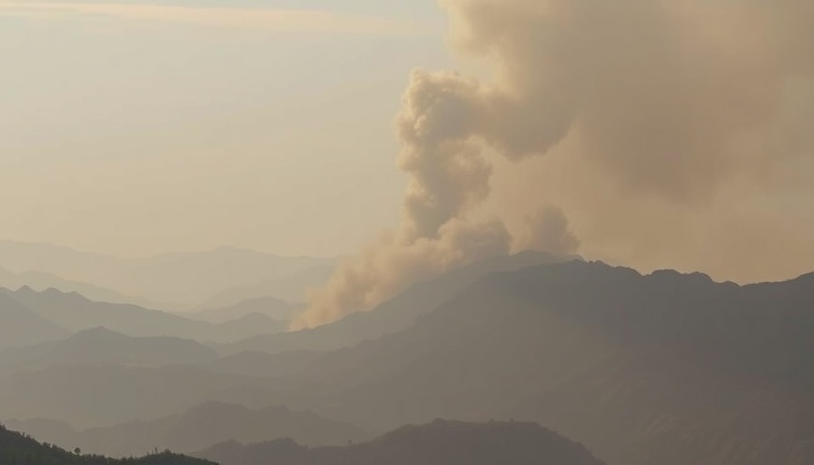Heavy smoke over distant mountains during canyon fire evacuations.