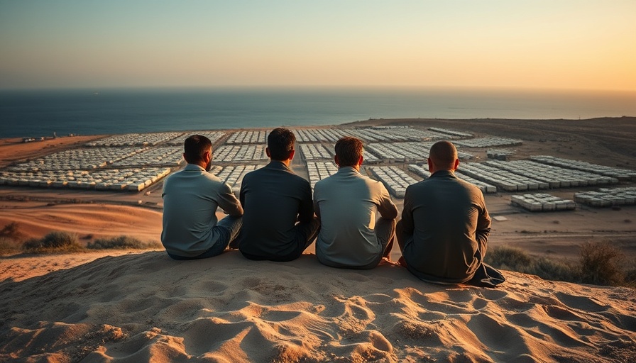 Men contemplate overlooking Gaza City's tent settlement, dramatic scene.