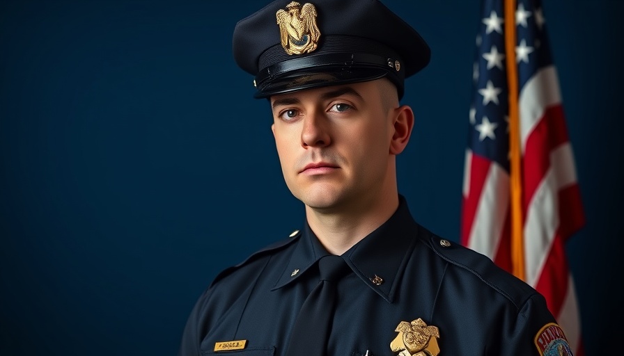 Police officer in uniform with American flag backdrop, serious expression