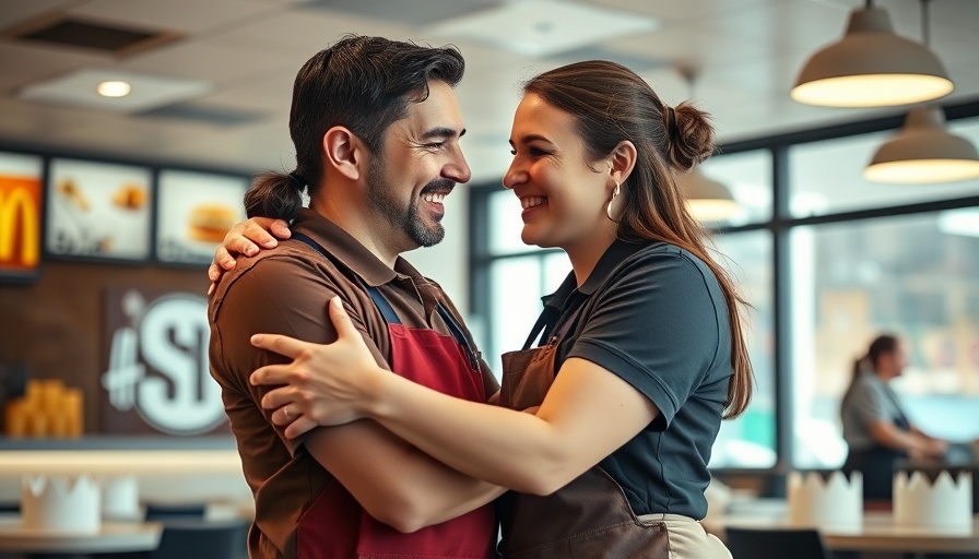 Act of kindness graduation: two employees hugging warmly in a fast-food restaurant.