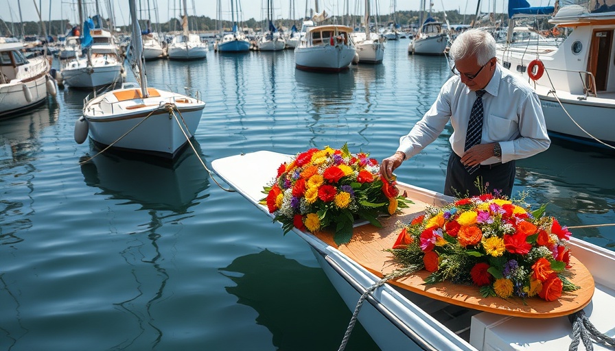 Memorial celebrates life of paddleboarder on a boat with flowers in a harbor.