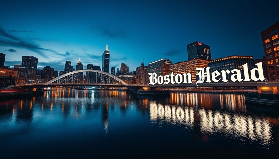 Illuminated bridge with city skyline, 'Boston Herald' overlay.