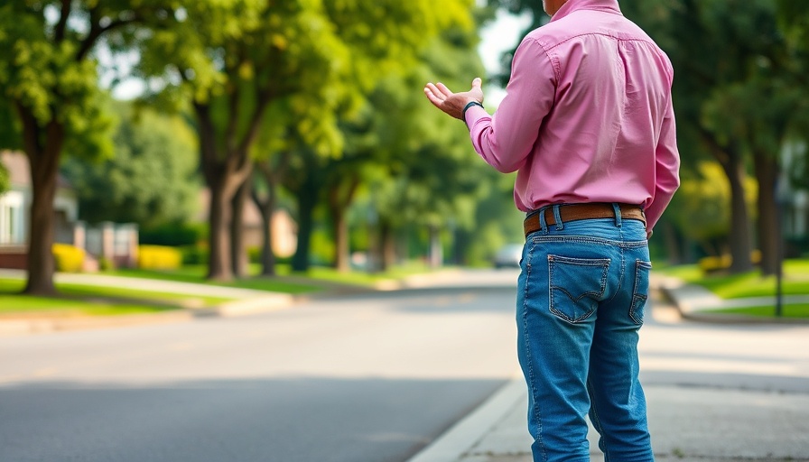 Middle-aged man viewing a suburban road with trees in Pembroke.