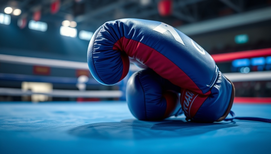 Blue boxing gloves on ring floor, symbolizing boxing injuries.