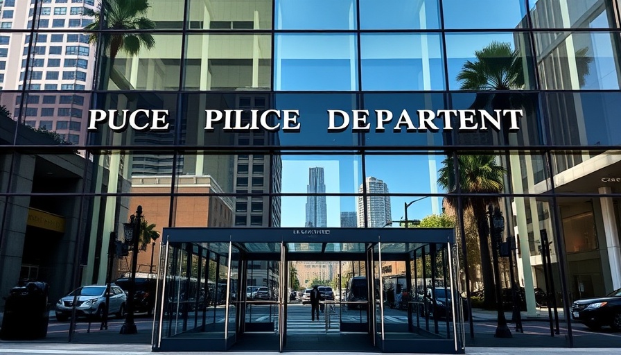 Entrance of Los Angeles Police Department reflecting cityscape, related to former LAPD officer kidnap for ransom.