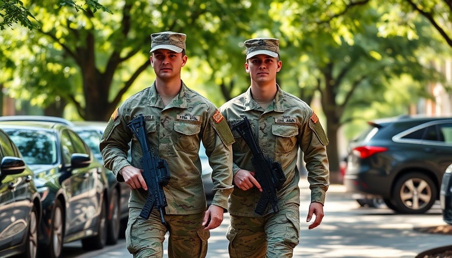 National Guard soldiers in deployment walking by parked cars.