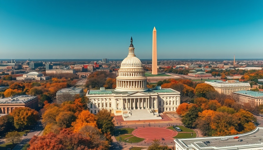Aerial view of the U.S. Capitol and Washington Monument on a clear day.