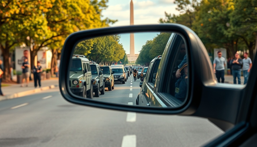 National Guard deployment vehicles reflected, Washington Monument background.