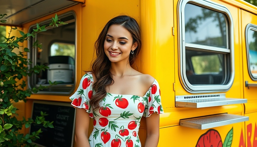Young woman in yellow dress at food truck, Martha's Vineyard setting.