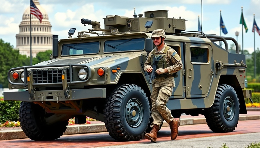 National Guard vehicle and soldier near D.C. monument.