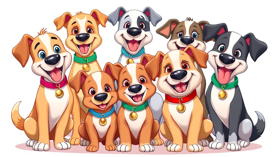 Cheerful cartoon dogs with Boston-themed names like Monster, Norm, Bird, Dunks.