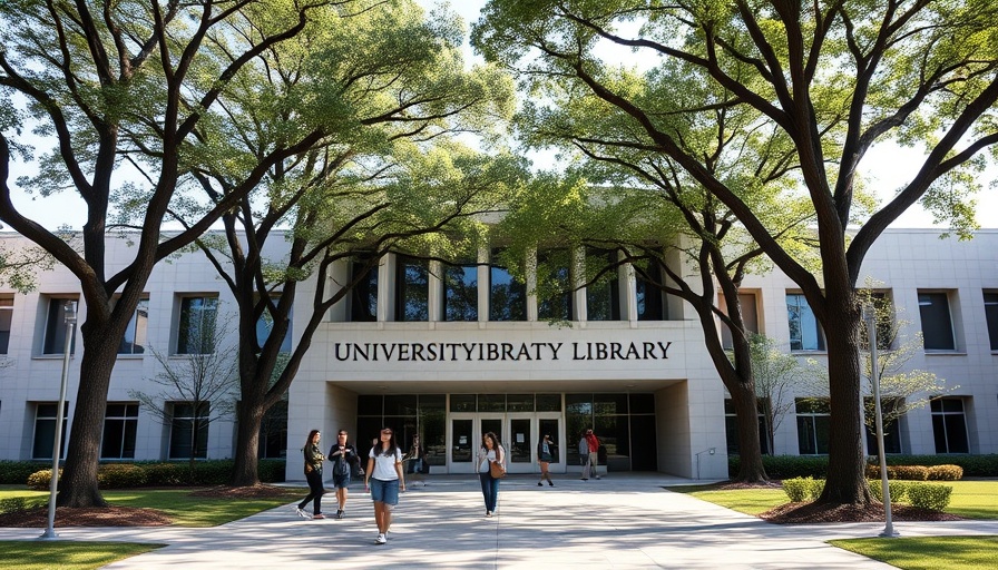 UMass library entrance with students walking, highlighting campus life.