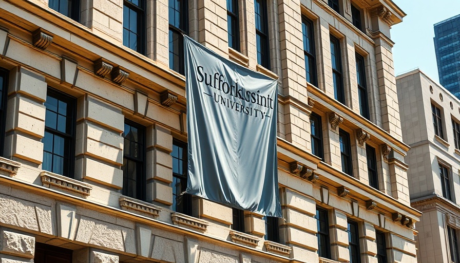 Suffolk University facade with banner under sunlight, focus on classic architecture.