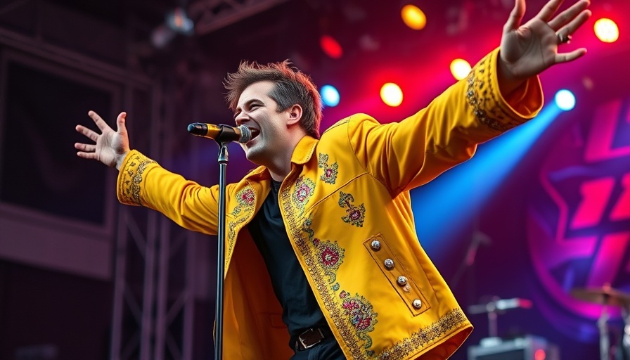 Energetic concert performer in yellow jacket during live show.