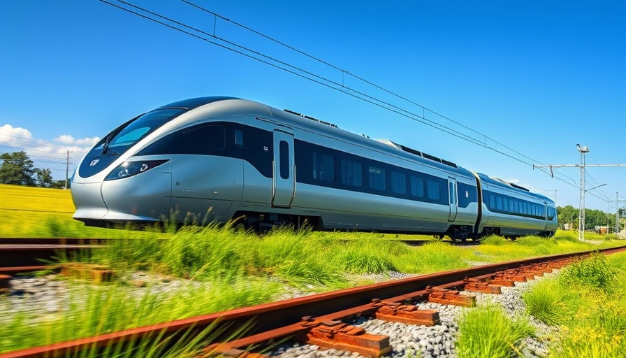 Amtrak train traversing a bridge in scenic landscape, bright day.