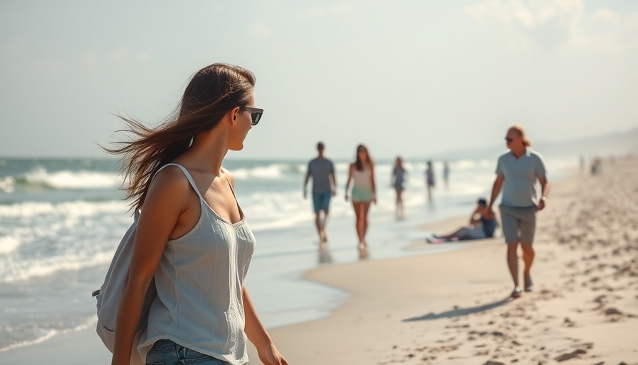 Beach scene with people enjoying the water and sand under sunny skies.