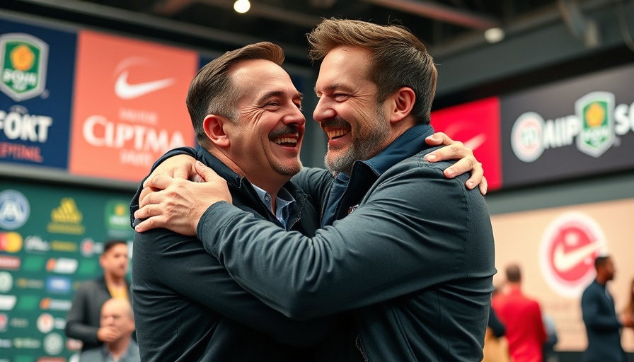 Two men embracing at sports event with branded background.