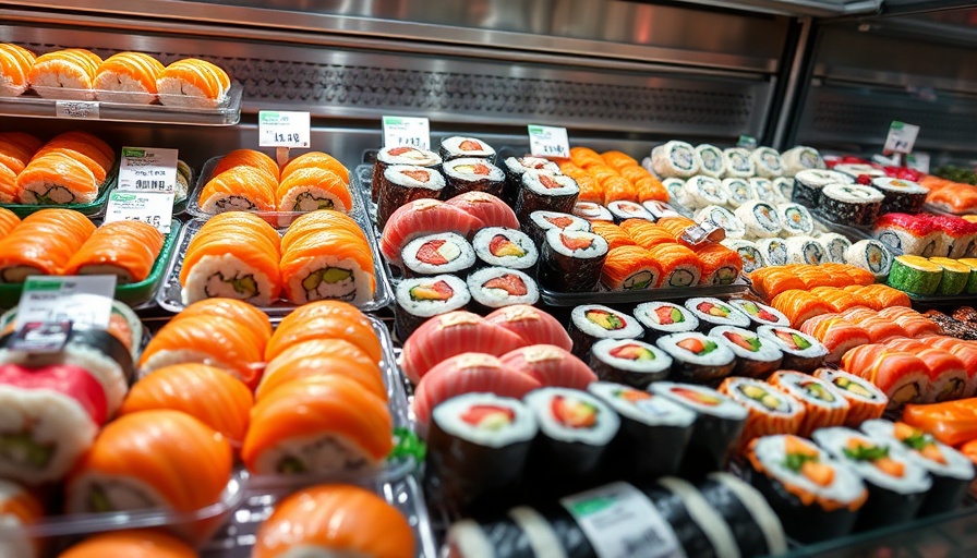 Assorted grocery store sushi display with rolls and nigiri.