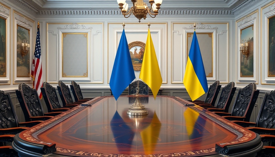 U.S.-Ukraine relations meeting room with flags displayed, symbolizing cooperation.