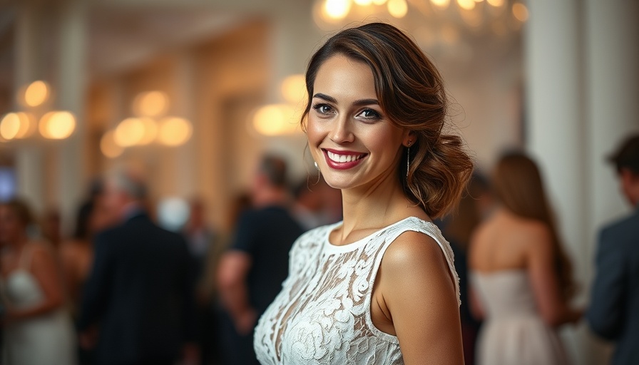 Elegant woman in white lace dress, smiling at event