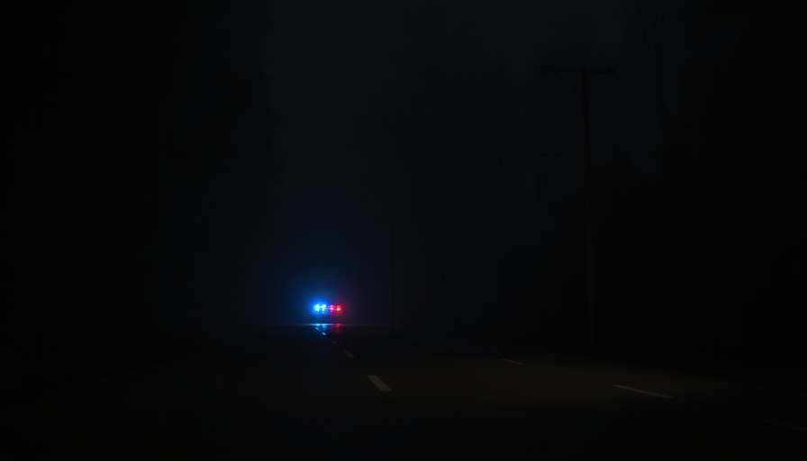 Night scene of rural road with police lights in distance, highlighting gun violence tragedy.