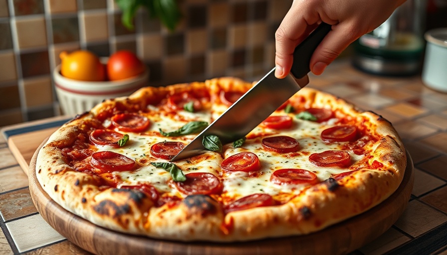 Homemade pizza being sliced in a pizzeria.