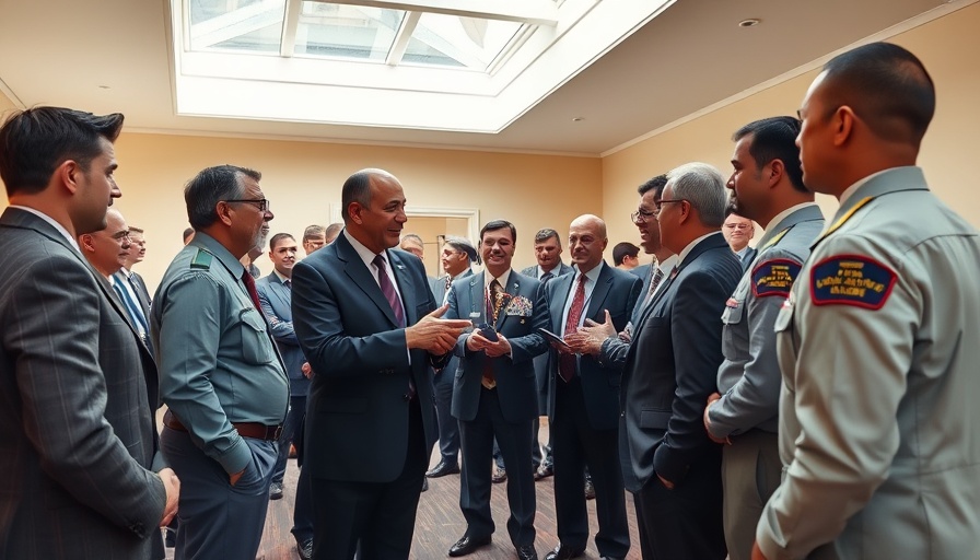Group in formal attire with military personnel in a discussion room, Photorealistic.