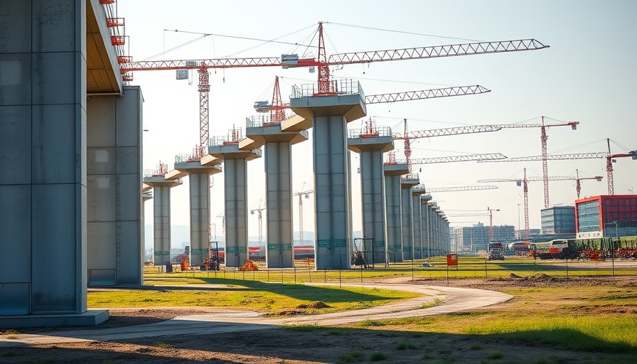 California high-speed rail construction site with concrete columns and cranes.