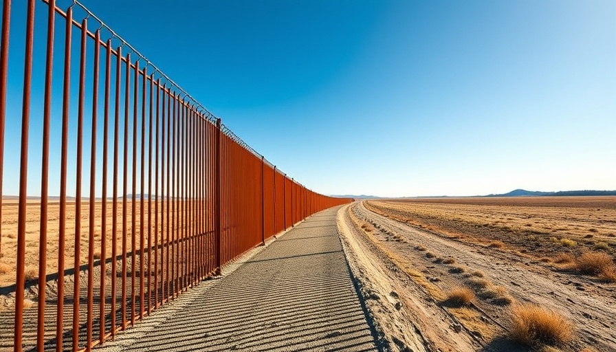 Steel border fence casting long shadows under sunny sky, emphasizing security.