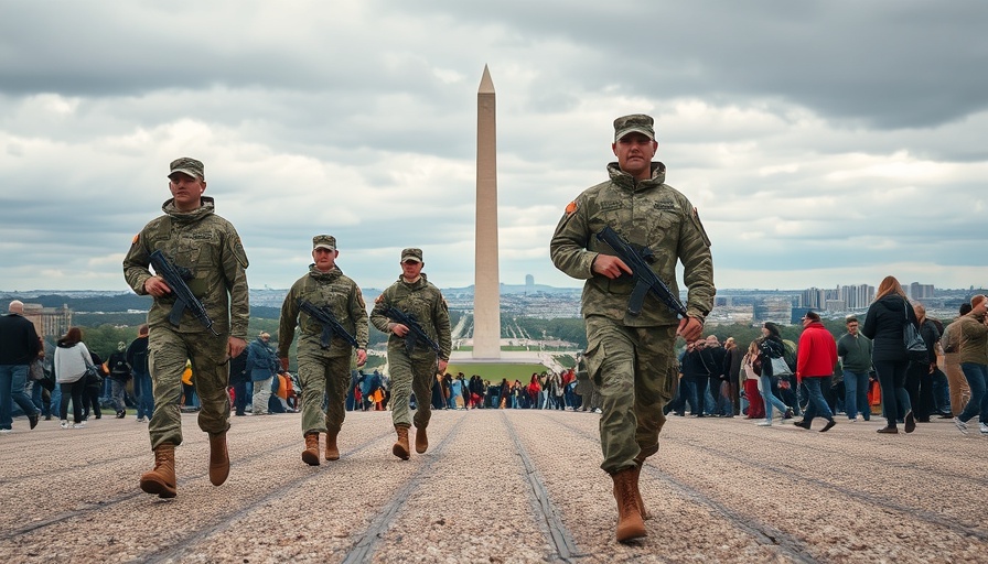 Military patrol near Washington Monument, Trump patrols DC scene.